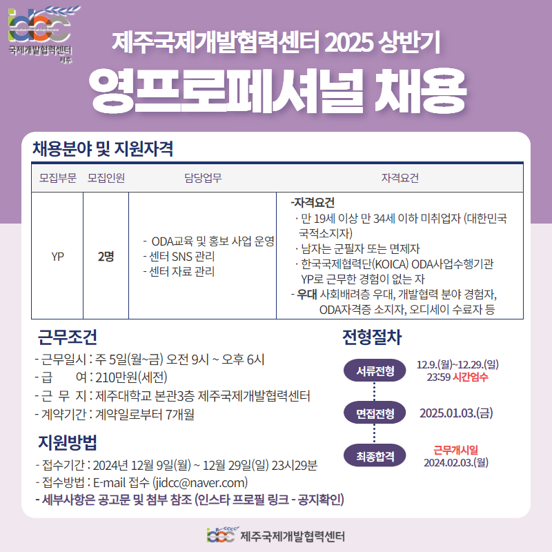 [제주국제개발협력센터] [채용] 제주국제개발협력센터 2025 상반기 영프로페셔널(YP) 채용