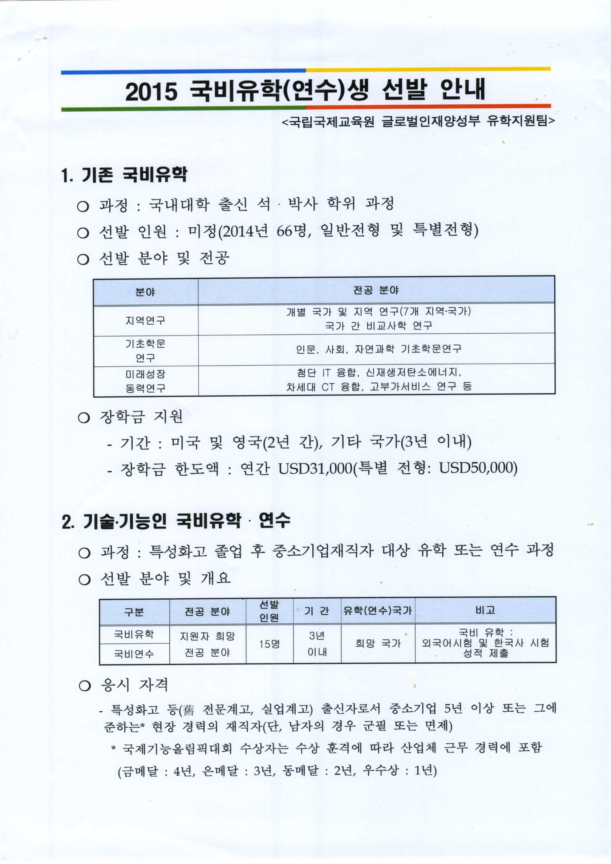 2015 국비유학(연수)생 선발 안내