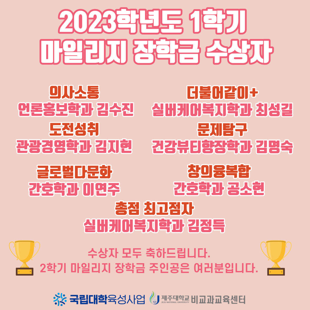 [비교과교육센터]2023학년도 1학기 비교과 마일리지 장학금 수상자 알림