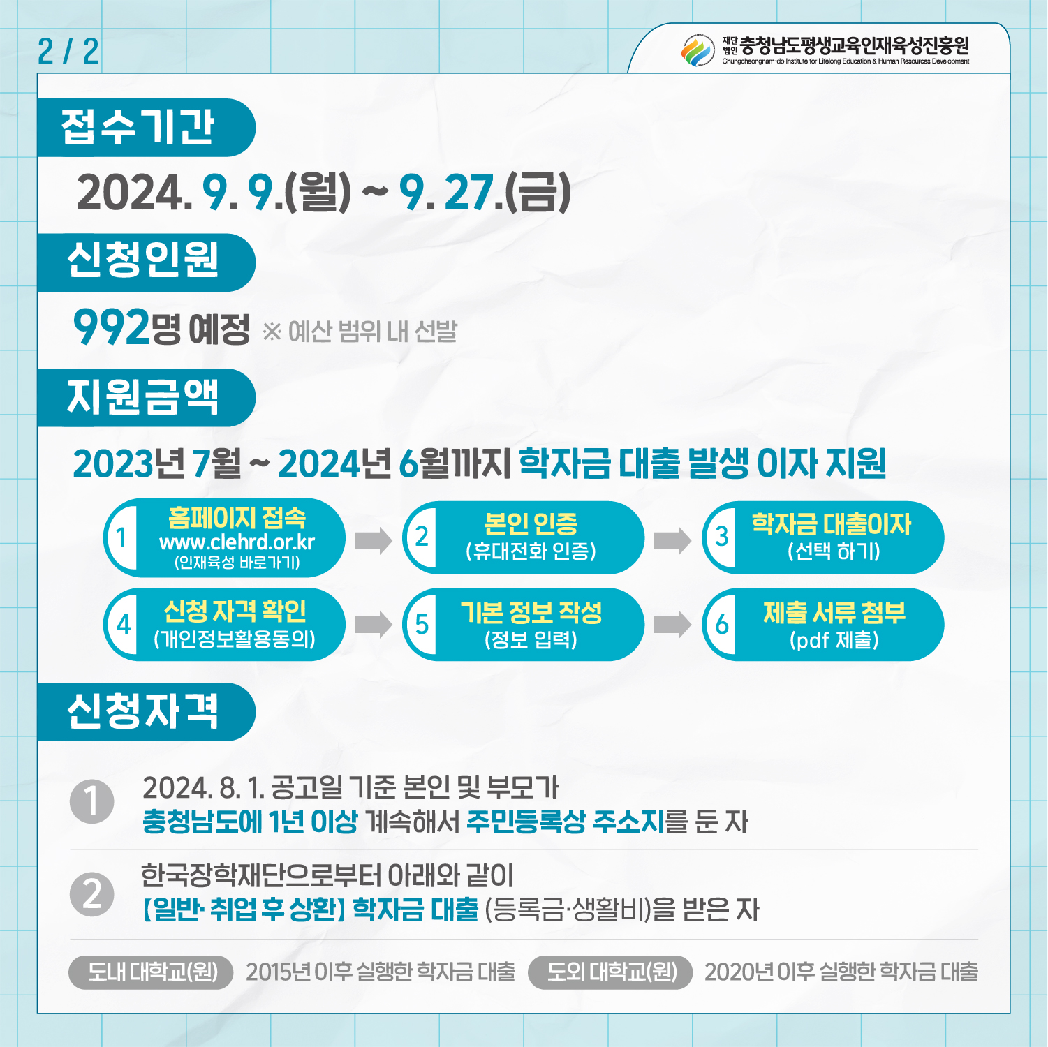 2024년 충청남도 학자금 대출이자 지원사업안내