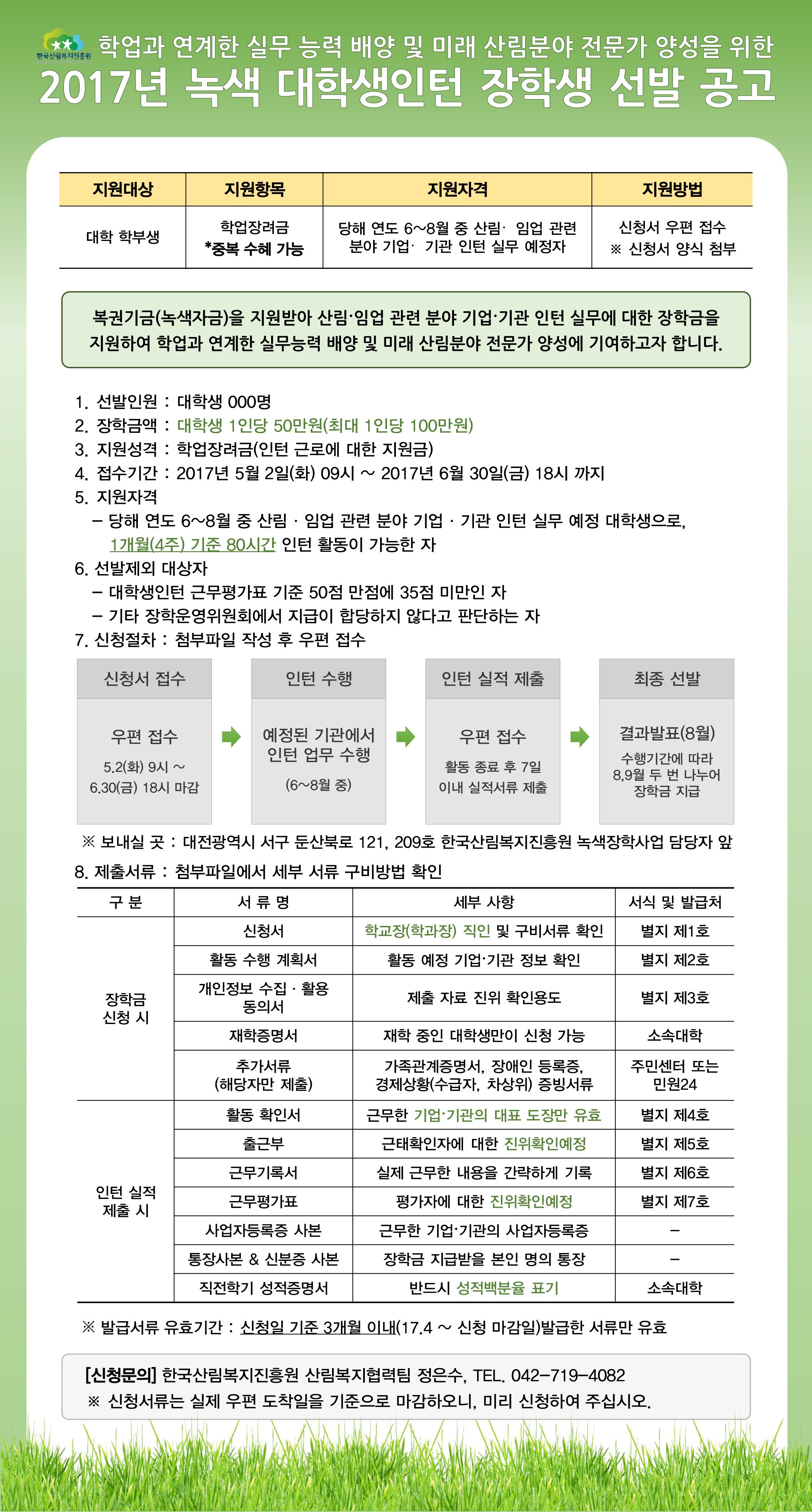 한국산림복지진흥원 "2017년 녹색 대학생인턴 장학생" 선발 공고