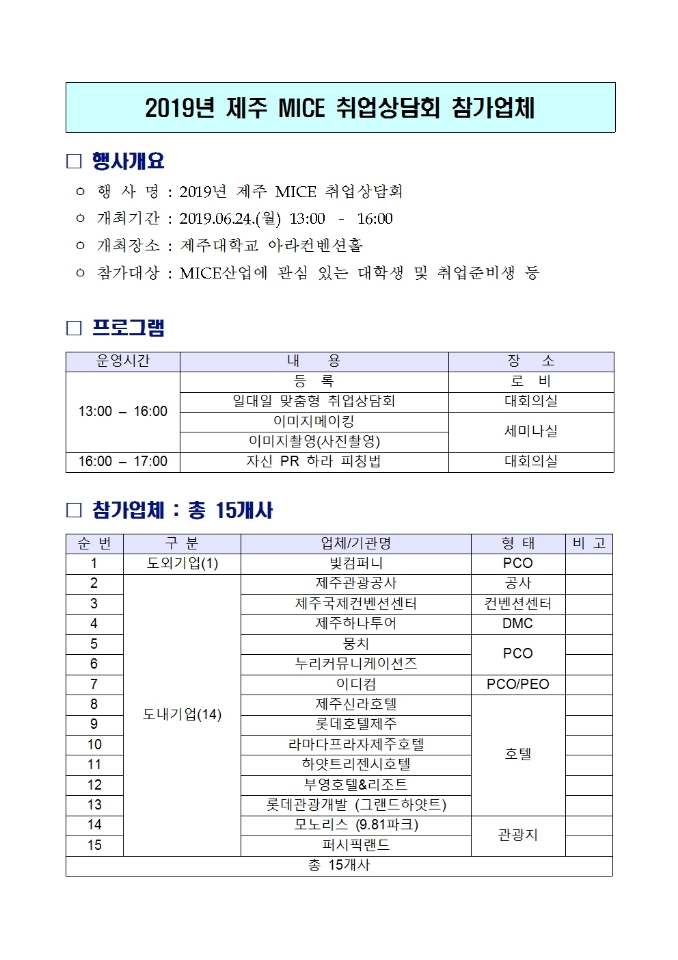 2019년 제주 MICE 취업상담회