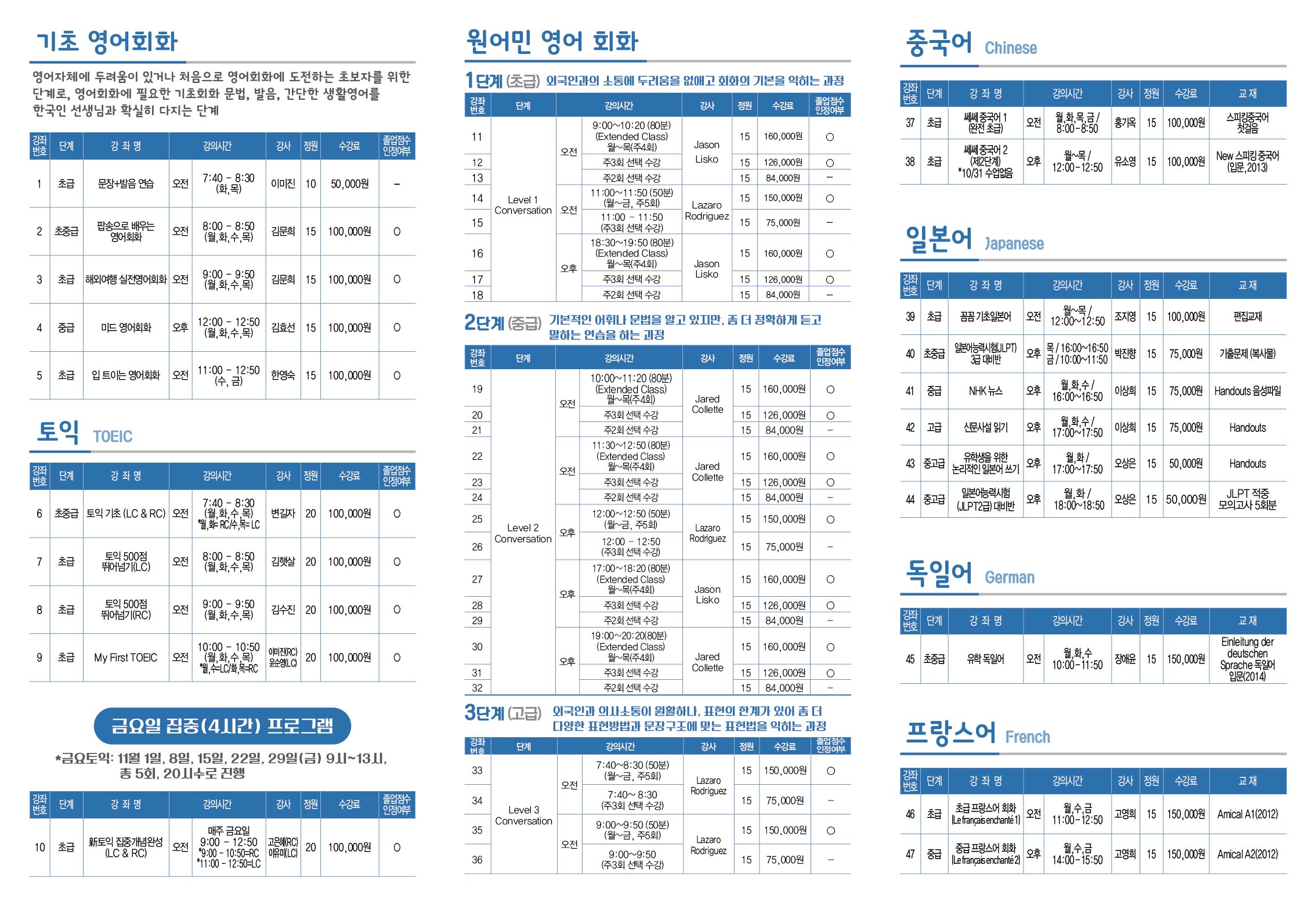 2019학년도 11월(제5차) 외국어 특별강좌(10/28~11/29) 안내