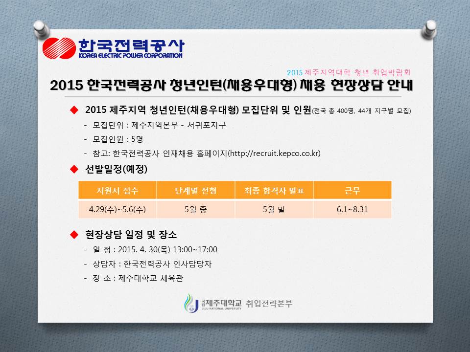 2015 한국전력공사 청년인턴 채용 현장상담 안내