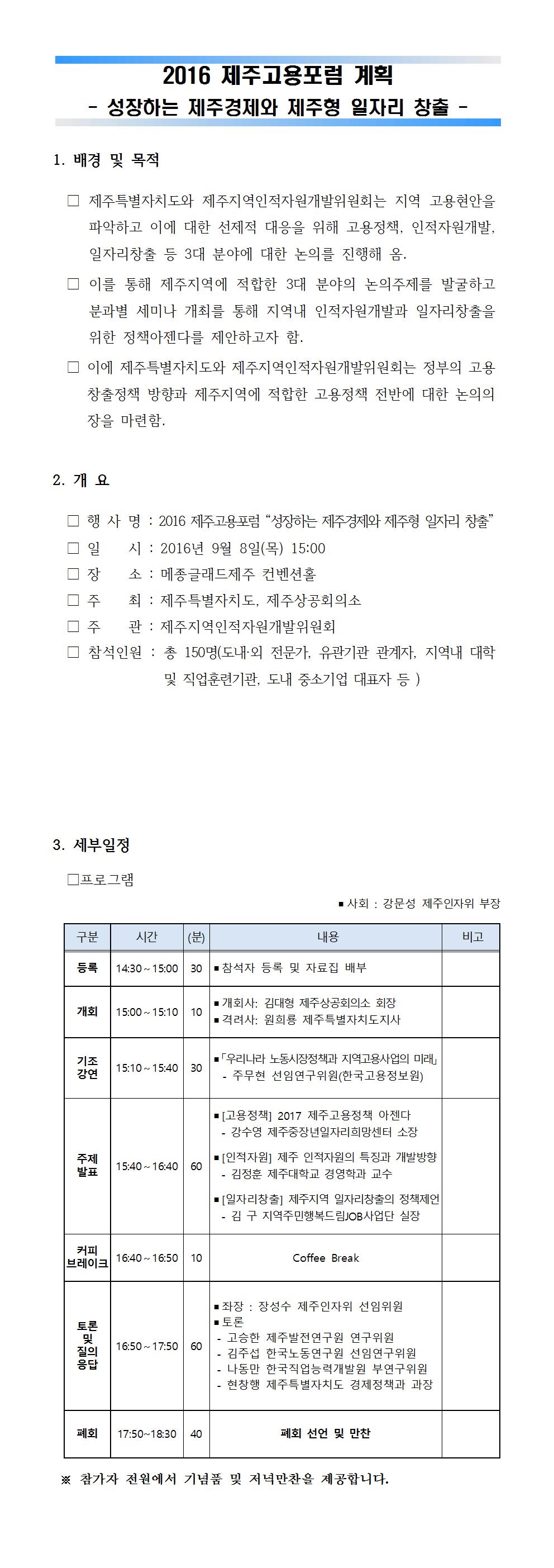 2016 제주고용포럼 '성장하는 제주경제와 제주형 일자리 창출' 개최