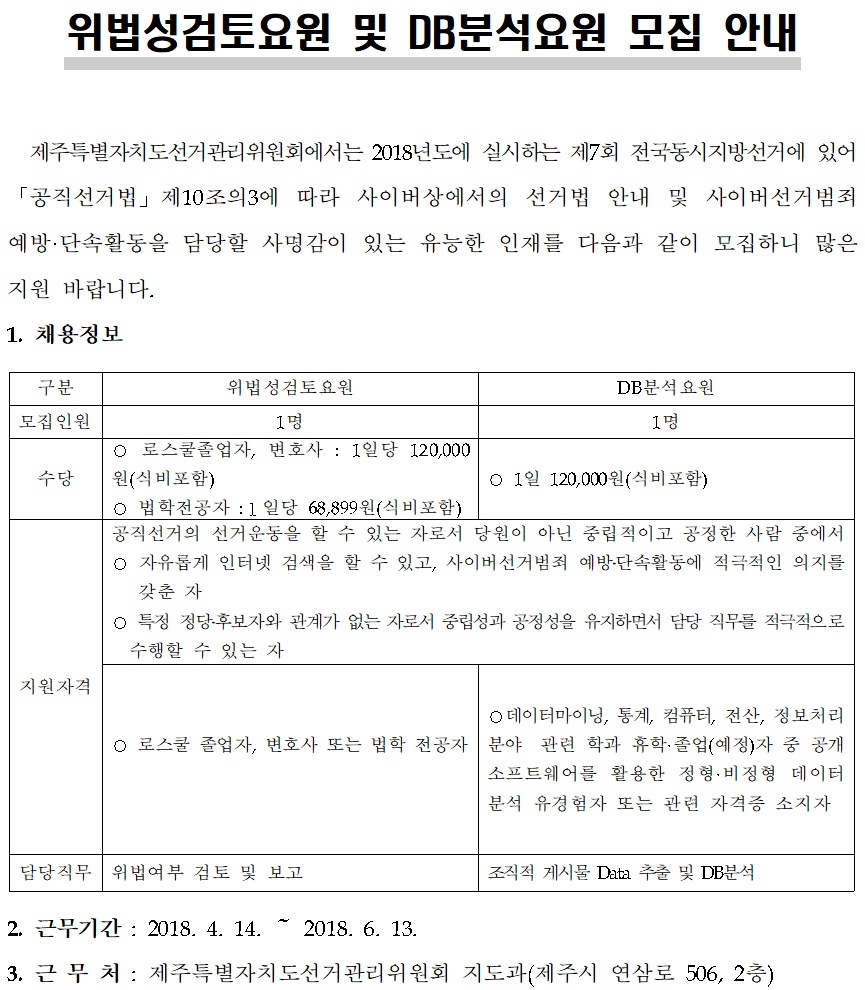 제7회 전국동시지방선거 위법성검토요원 및 DB분석요원 추천