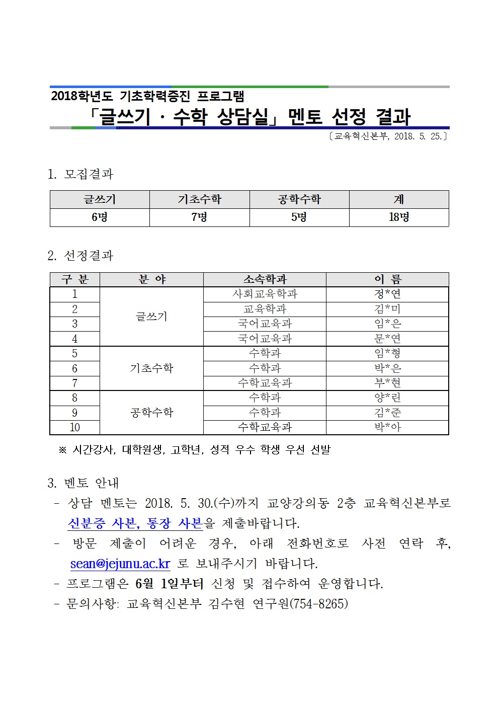 【교육혁신본부】 2018 글쓰기·수학 상담실 멘토 선정 결과 알림