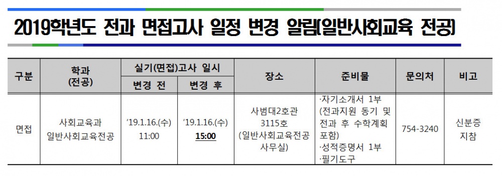 2019학년도 전과 면접고사 일정 변경 알림(일반사회교육전공)