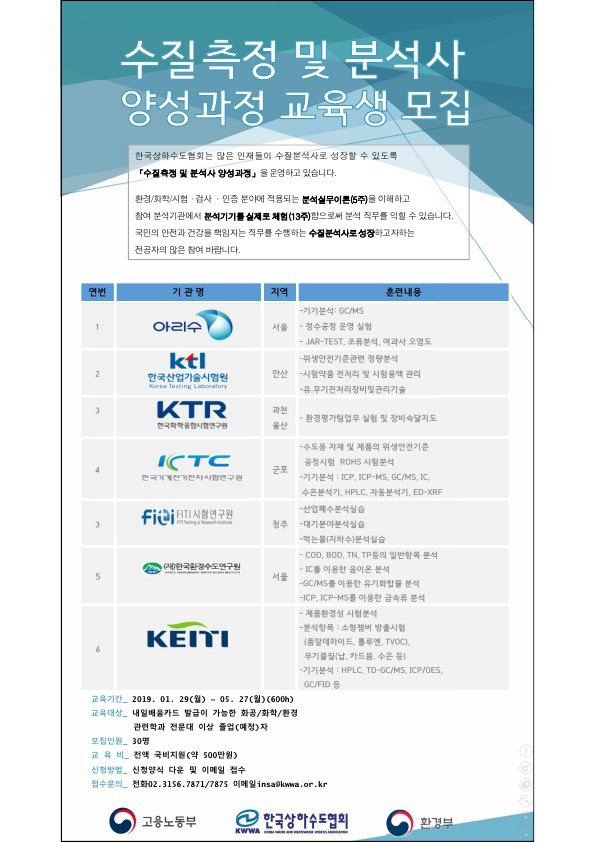 수질측정 및 분석사 양성과정 교육생 모집