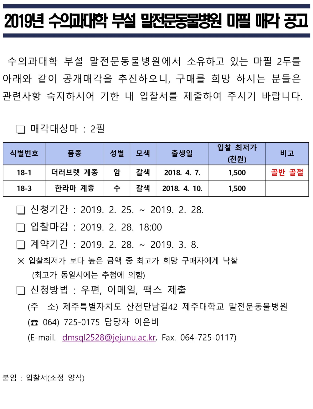 2019년 수의과대학 부설 말전문동물병원 마필 매각 공고