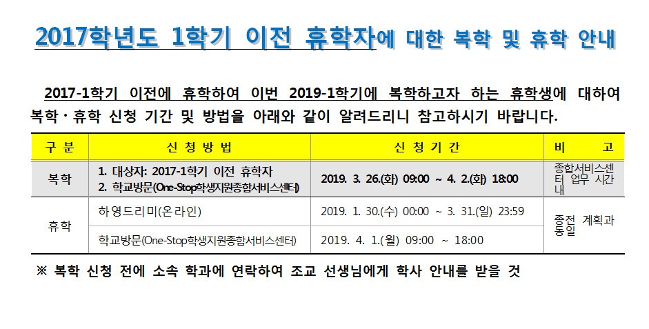 2017학년도 1학기 이전 휴학자에 대한 복학 및 휴학 안내