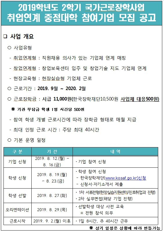 2019학년도 2학기 취업연계 국가근로장학 참여기업 모집