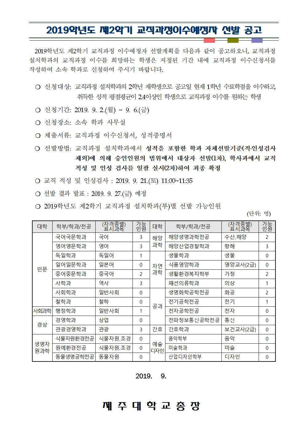 2019학년도 제2학기 교직과정이수예정자 선발 공고