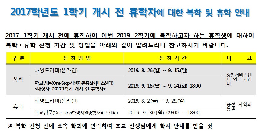 2017학년도 1학기 개시 전 휴학자에 대한 복학 및 휴학 안내