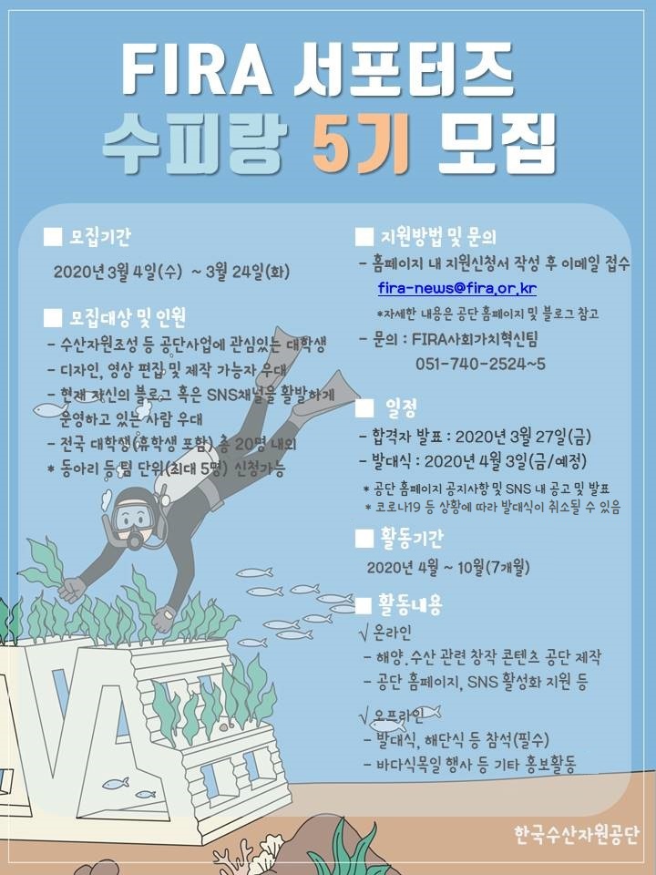 [한국수산자원공단] FIRA 서포터즈 수피랑 5기 모집 안내