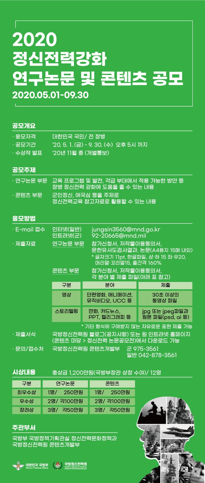 [국방정신전력원] 2020년 정신전력강화 연구논문 및 콘텐츠 공모전