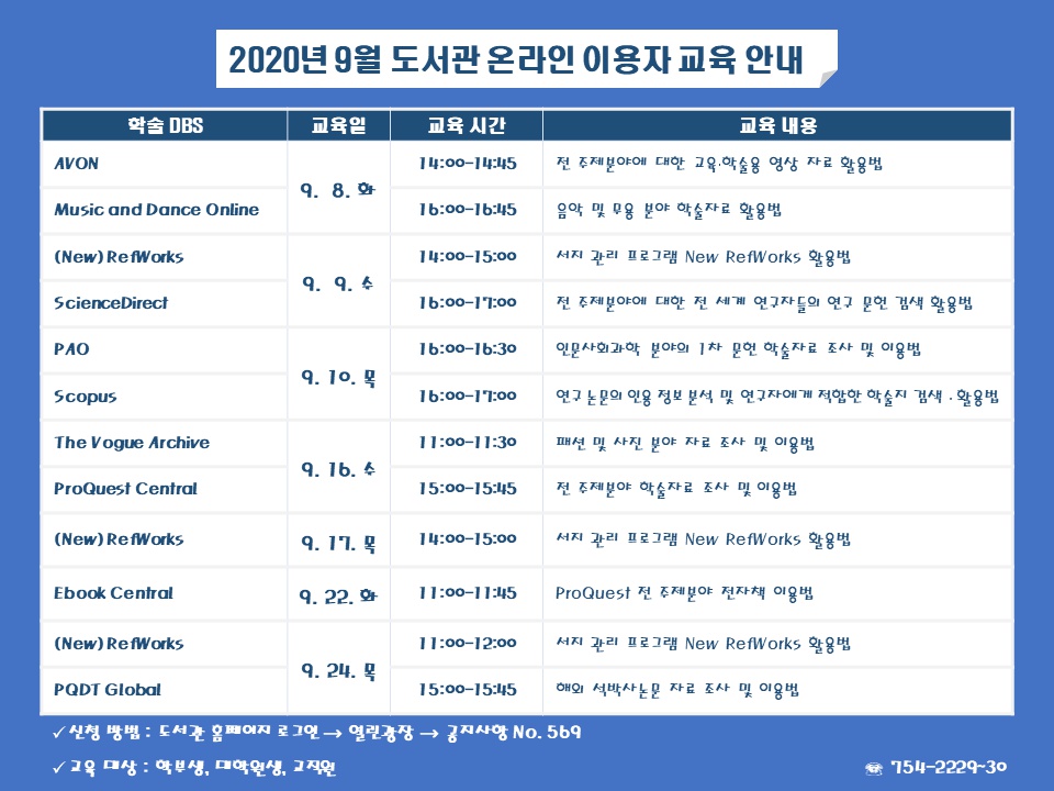 [중앙도서관] 9월 도서관 온라인 학술정보 활용교육 알림