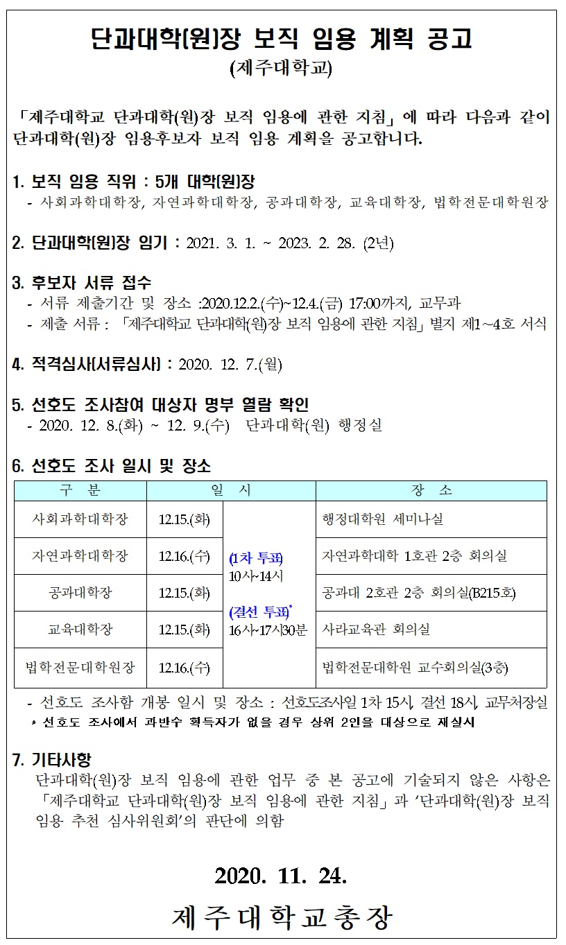 단과대학(원)장 보직 임용 공고