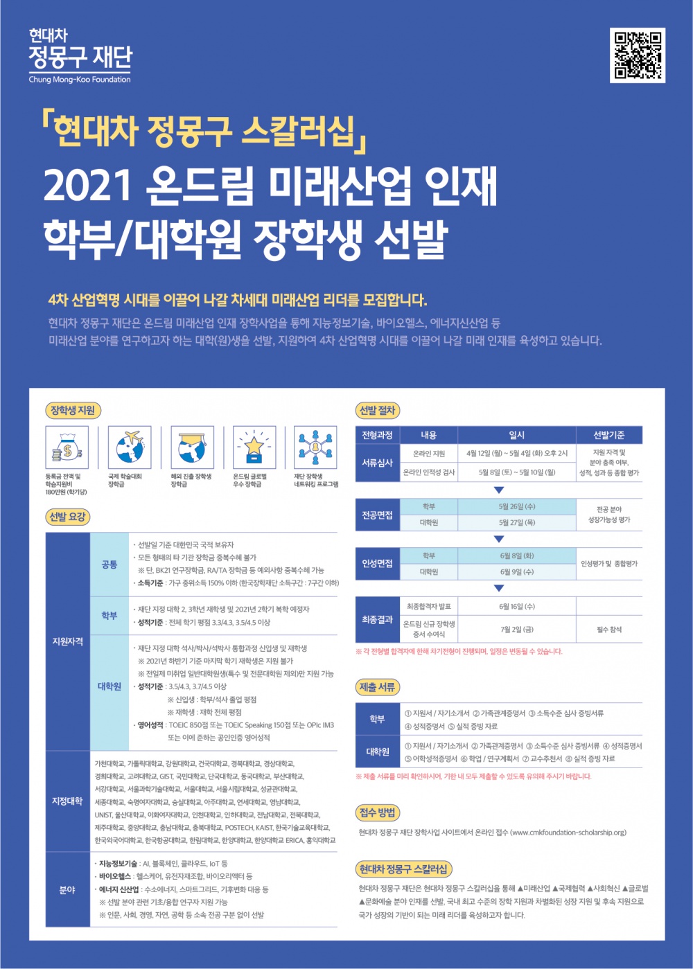 (현대차 정몽구 재단) 2021 온드림 미래산업 인재 장학생 선발 안내