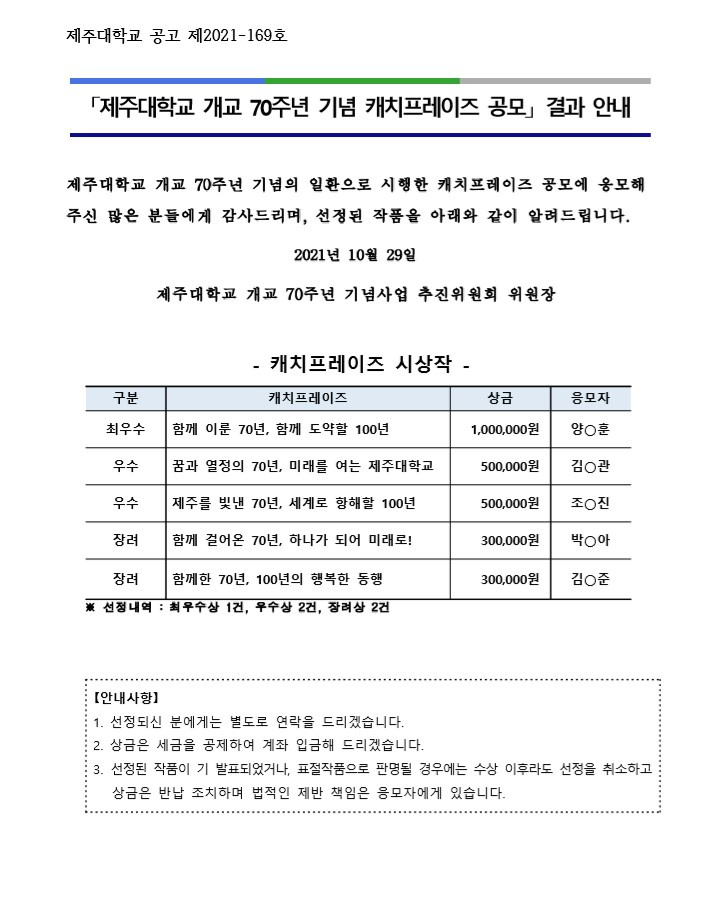 「제주대학교 개교 70주년 기념 캐치프레이즈 공모」 결과 안내