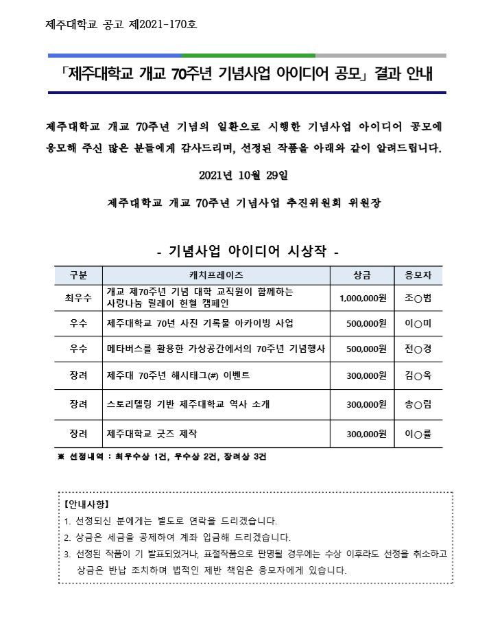 「제주대학교 개교 70주년 기념사업 아이디어 공모」 결과 안내