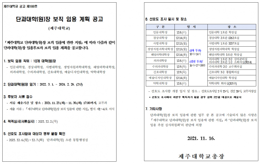 단과대학(원)장 보직 임용 계획 공고