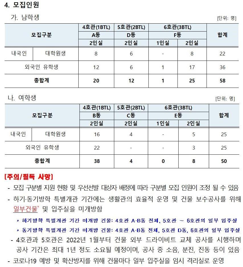 [학생생활관]2022 입주학생(대학원생, 외국인유학생) 추가모집 안내