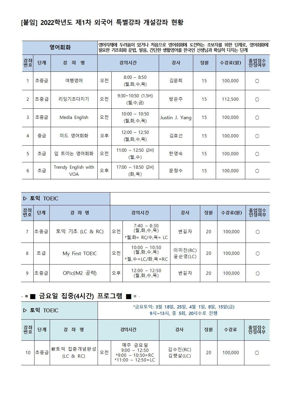 (언어교육원) 제1차 외국어특별강좌(3/14~4/15) 안내