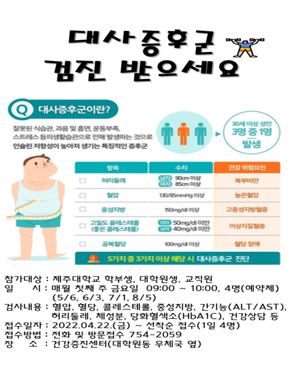 (건강증진센터) 2022학년도 1학기 상시 대사증후군 검진사업 참여자 모집 안내