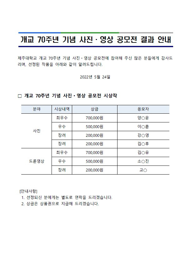 개교 70주년 기념 사진·영상 공모전 결과 안내