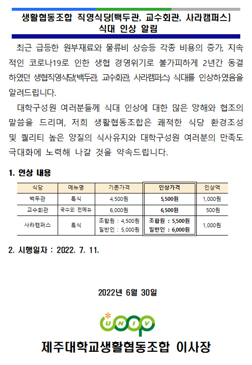 생활협동조합 직영식당(백두관, 교수회관, 사라캠퍼스) 식대 인상 알림.