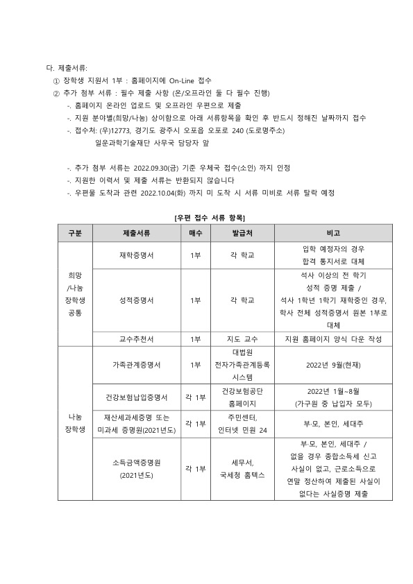 2022년 일운과학기술재단 장학생 선발 공고