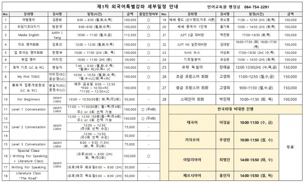 [언어교육원] 1차 외국어특별강좌(영어,제2외국어,특수외국어) 안내(3/13~4/14)