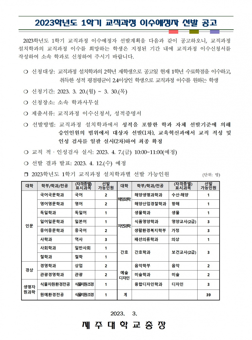 2023. 1학기 교직과정 이수예정자 선발 공고